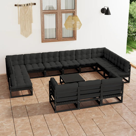 vidaXL 14 Piece Garden Lounge Set with Cushions Black Solid Pinewood