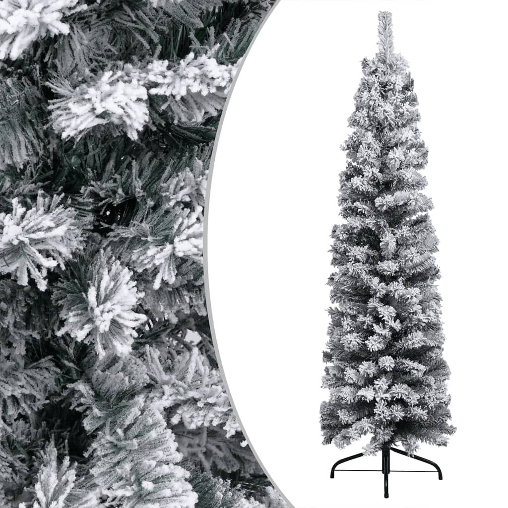 vidaXL Slim Pre-lit Christmas Tree with Flocked Snow Green 180 cm PVC