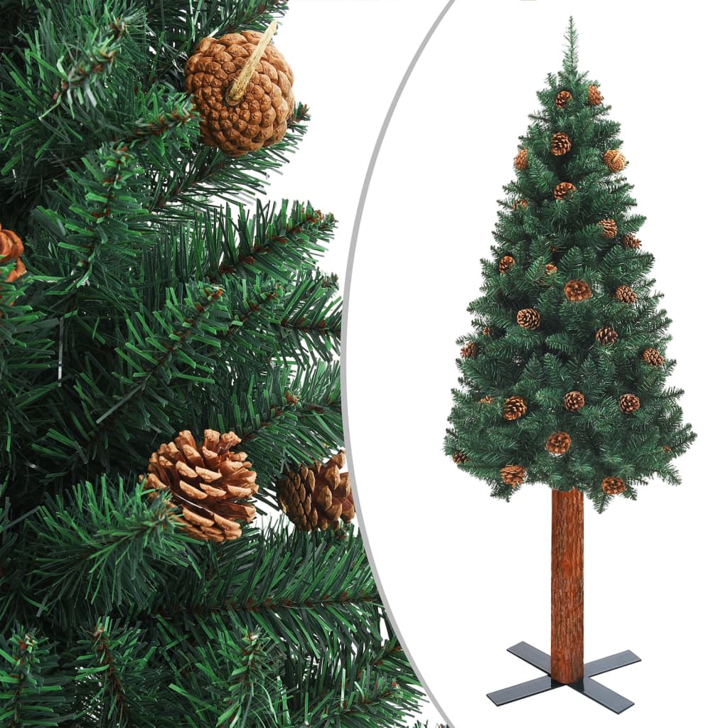 vidaXL Slim Pre-lit Christmas Tree with Real Wood&Cones Green 210 cm