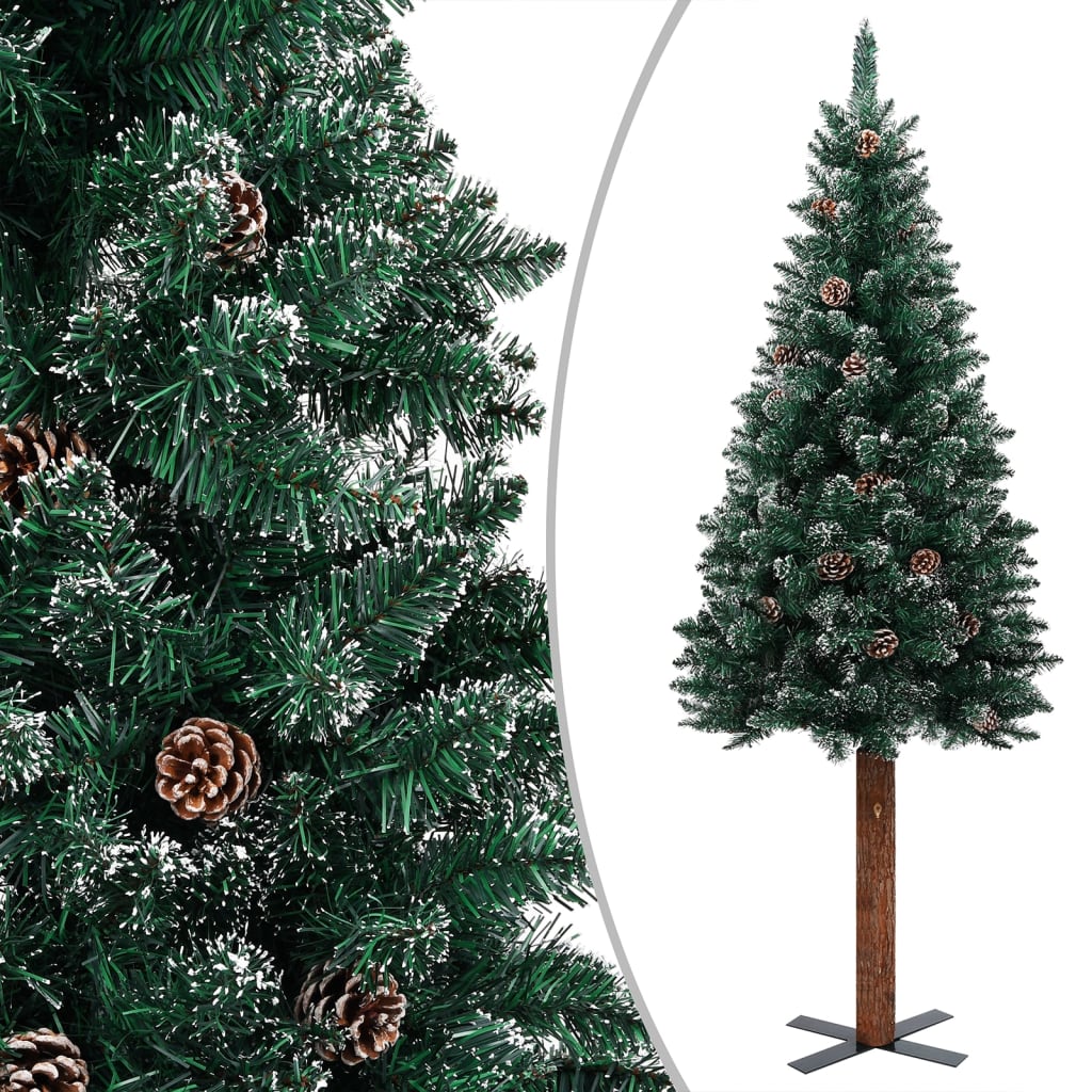 vidaXL Slim Pre-lit Christmas Tree with Real Wood&White Snow Green 180 cm
