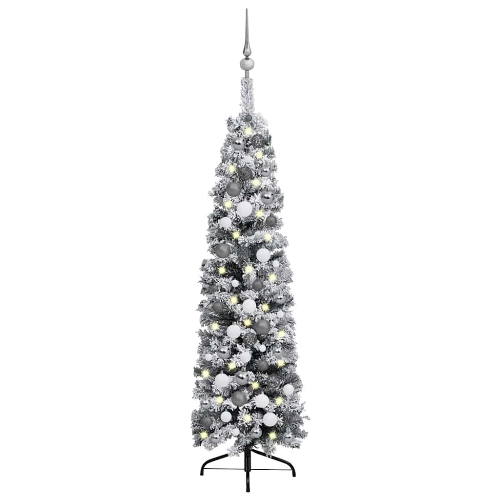 vidaXL Slim Pre-lit Christmas Tree with Ball Set&Flocked Snow Green 120 cm