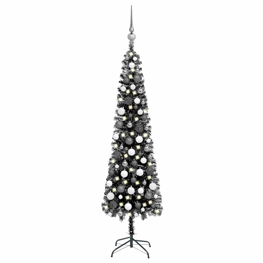 vidaXL Slim Pre-lit Christmas Tree with Ball Set Black 210 cm