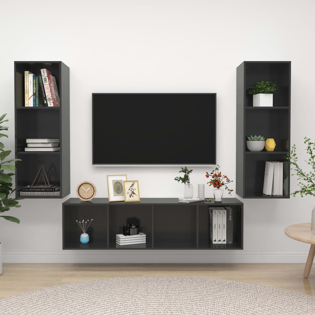 vidaXL 3 Piece TV Cabinet Set High Gloss Grey Engineered Wood