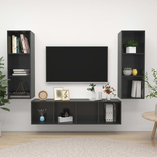 vidaXL 3 Piece TV Cabinet Set High Gloss Grey Engineered Wood