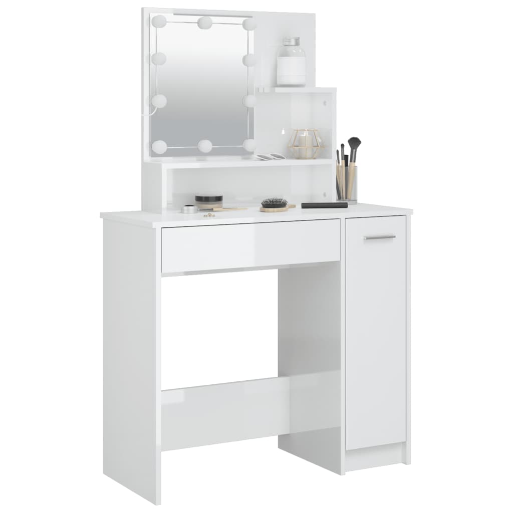 vidaXL Dressing Table with LED High Gloss White 86.5x35x136 cm