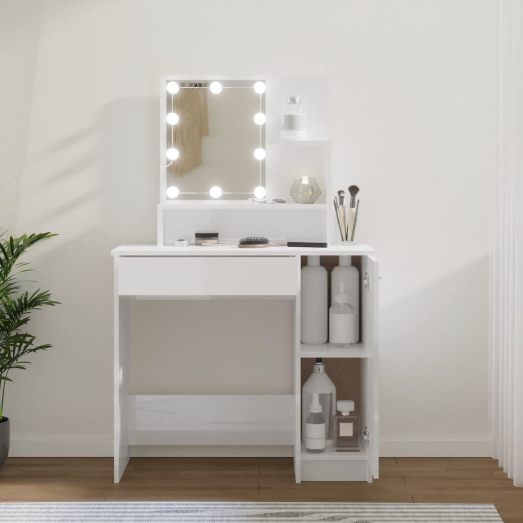 vidaXL Dressing Table with LED High Gloss White 86.5x35x136 cm