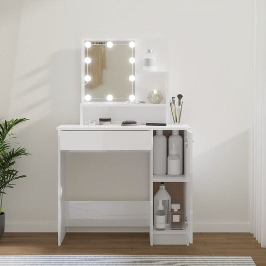 vidaXL Dressing Table with LED High Gloss White 86.5x35x136 cm