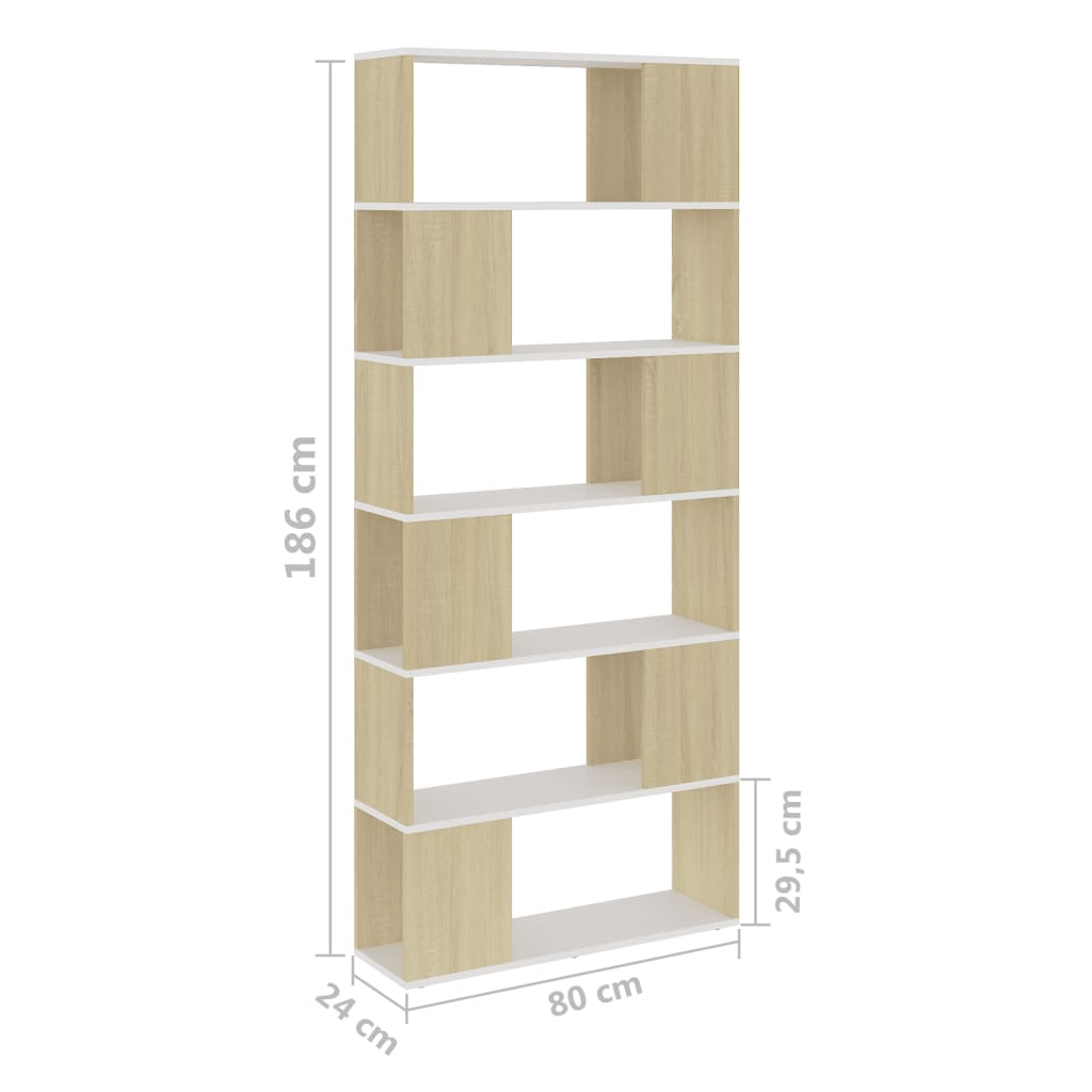 vidaXL Book Cabinet Room Divider White and Sonoma Oak 80x24x186 cm Engineered Wood