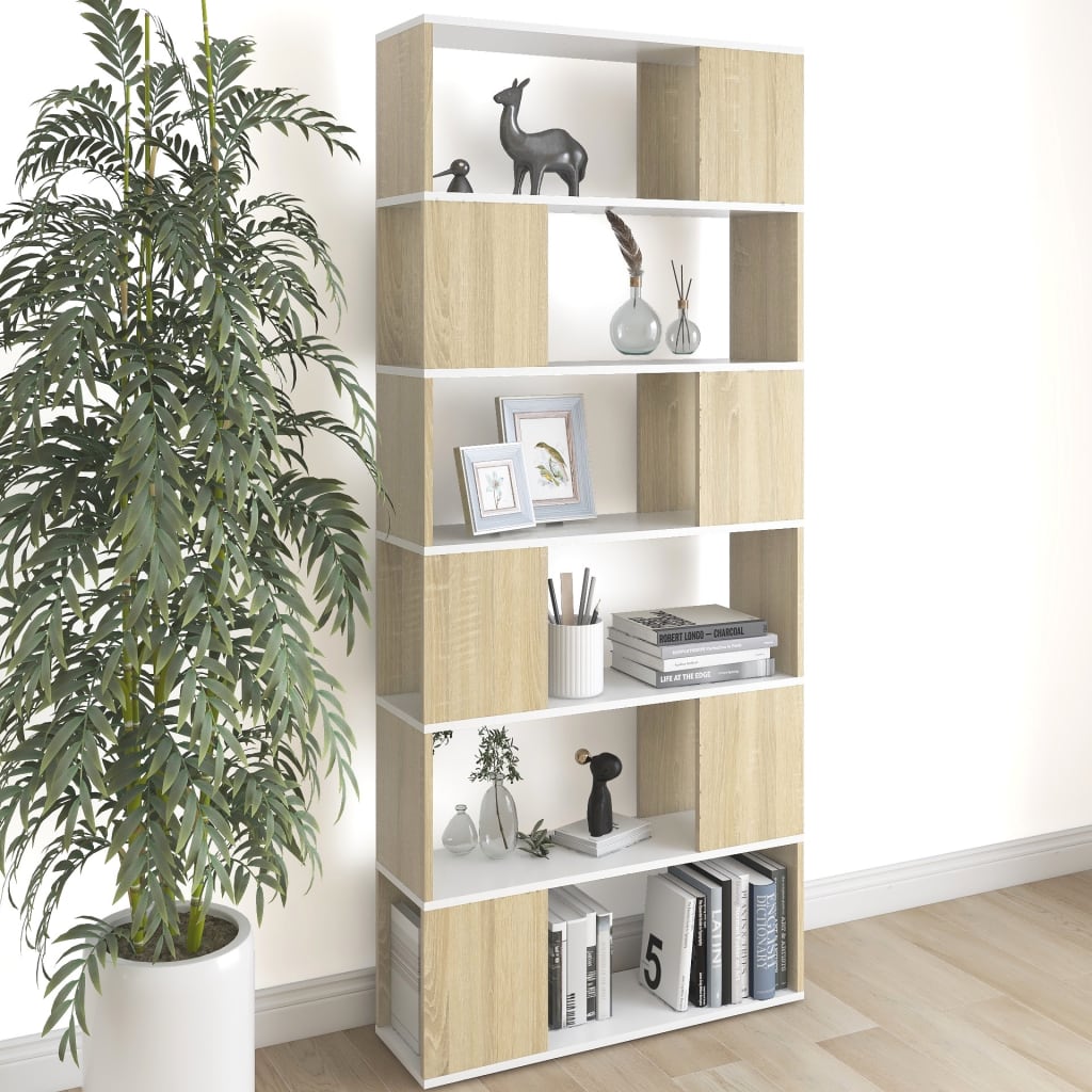 vidaXL Book Cabinet Room Divider White and Sonoma Oak 80x24x186 cm Engineered Wood