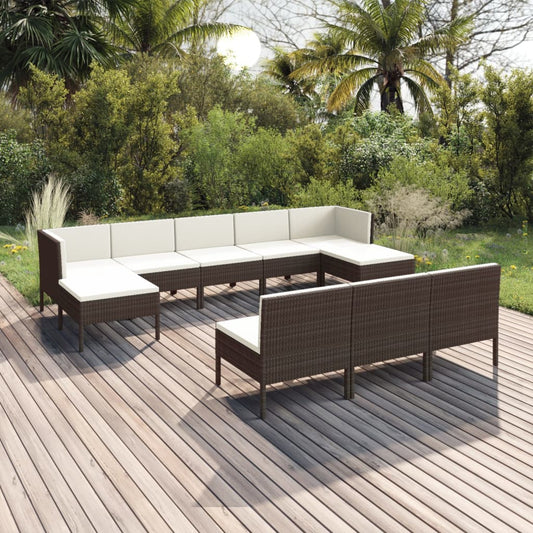 vidaXL 10 Piece Garden Lounge Set with Cushions Poly Rattan Brown