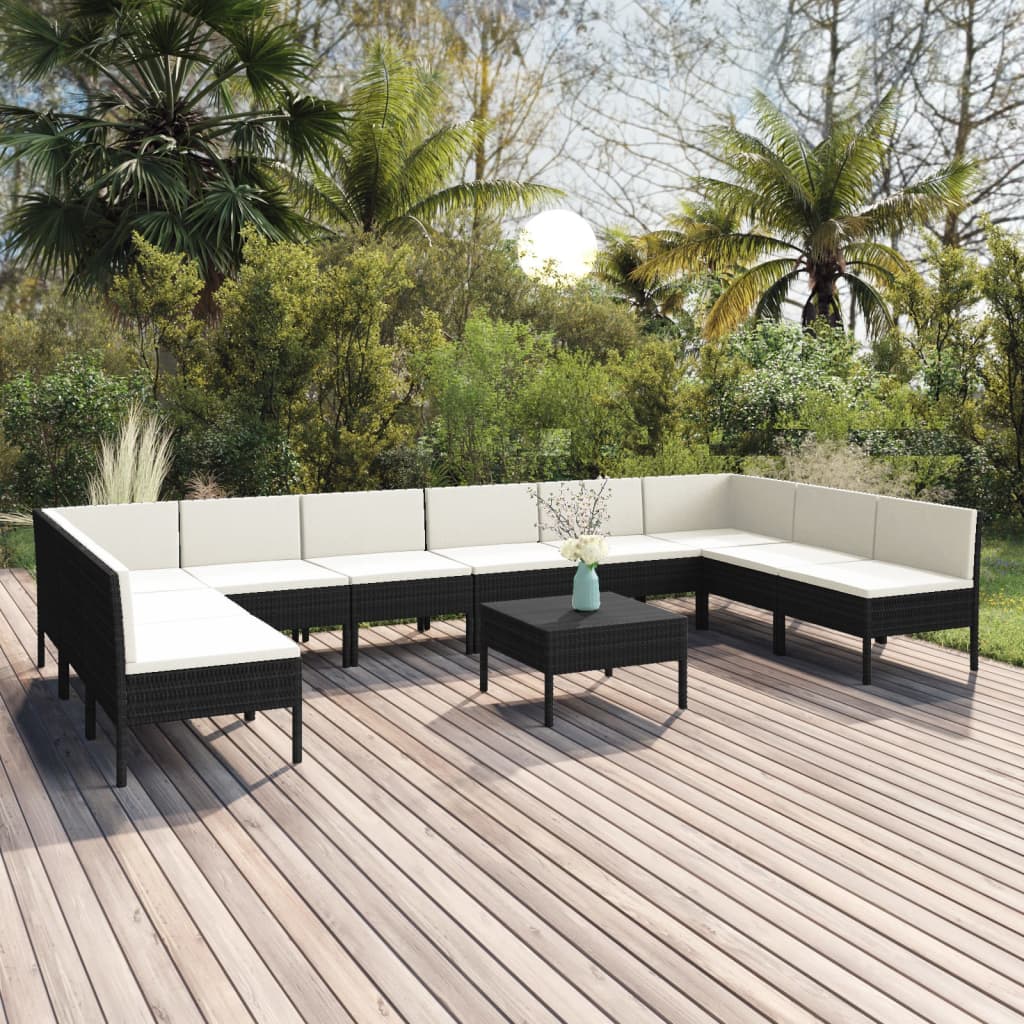 vidaXL 11 Piece Garden Lounge Set with Cushions Poly Rattan Black