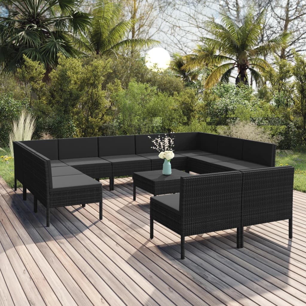 vidaXL 12 Piece Garden Lounge Set with Cushions Poly Rattan Black