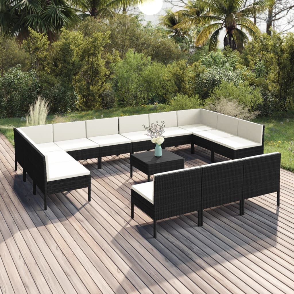 vidaXL 14 Piece Garden Lounge Set with Cushions Poly Rattan Black