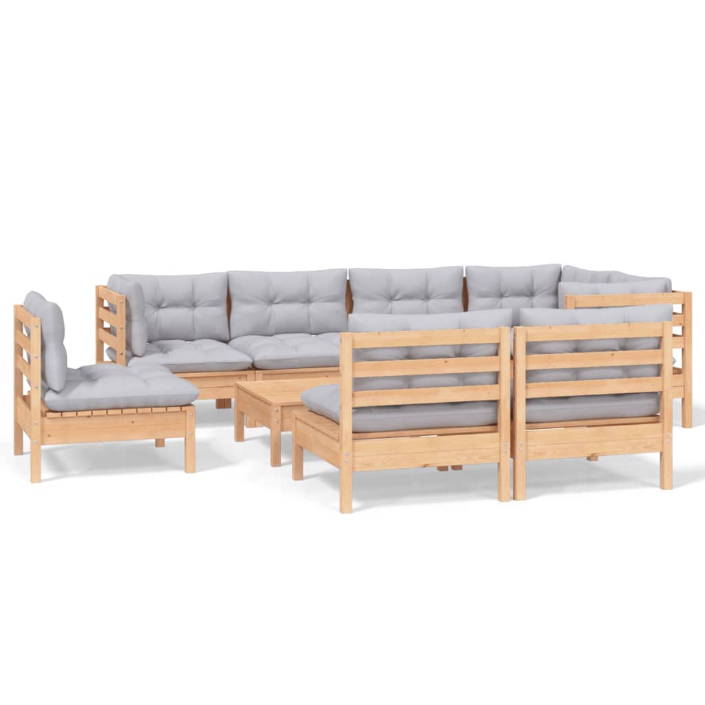 vidaXL 9 Piece Garden Lounge Set with Grey Cushions Solid Pinewood