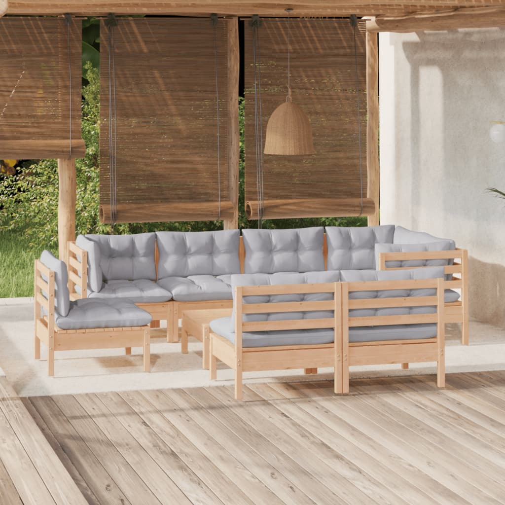 vidaXL 9 Piece Garden Lounge Set with Grey Cushions Solid Pinewood