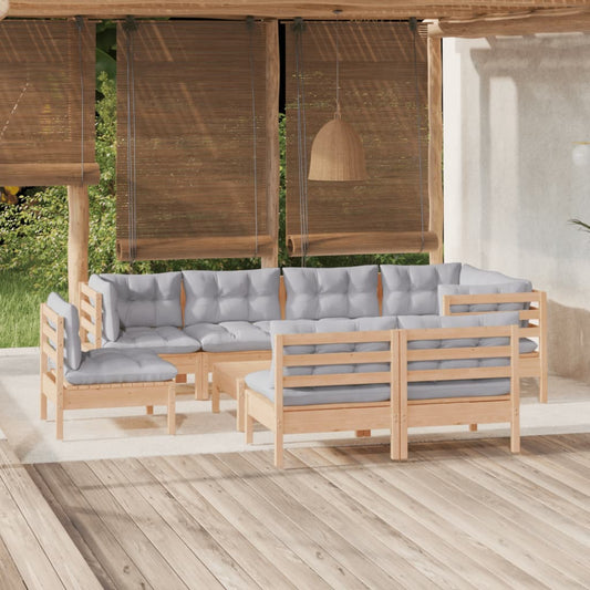 vidaXL 9 Piece Garden Lounge Set with Grey Cushions Solid Pinewood