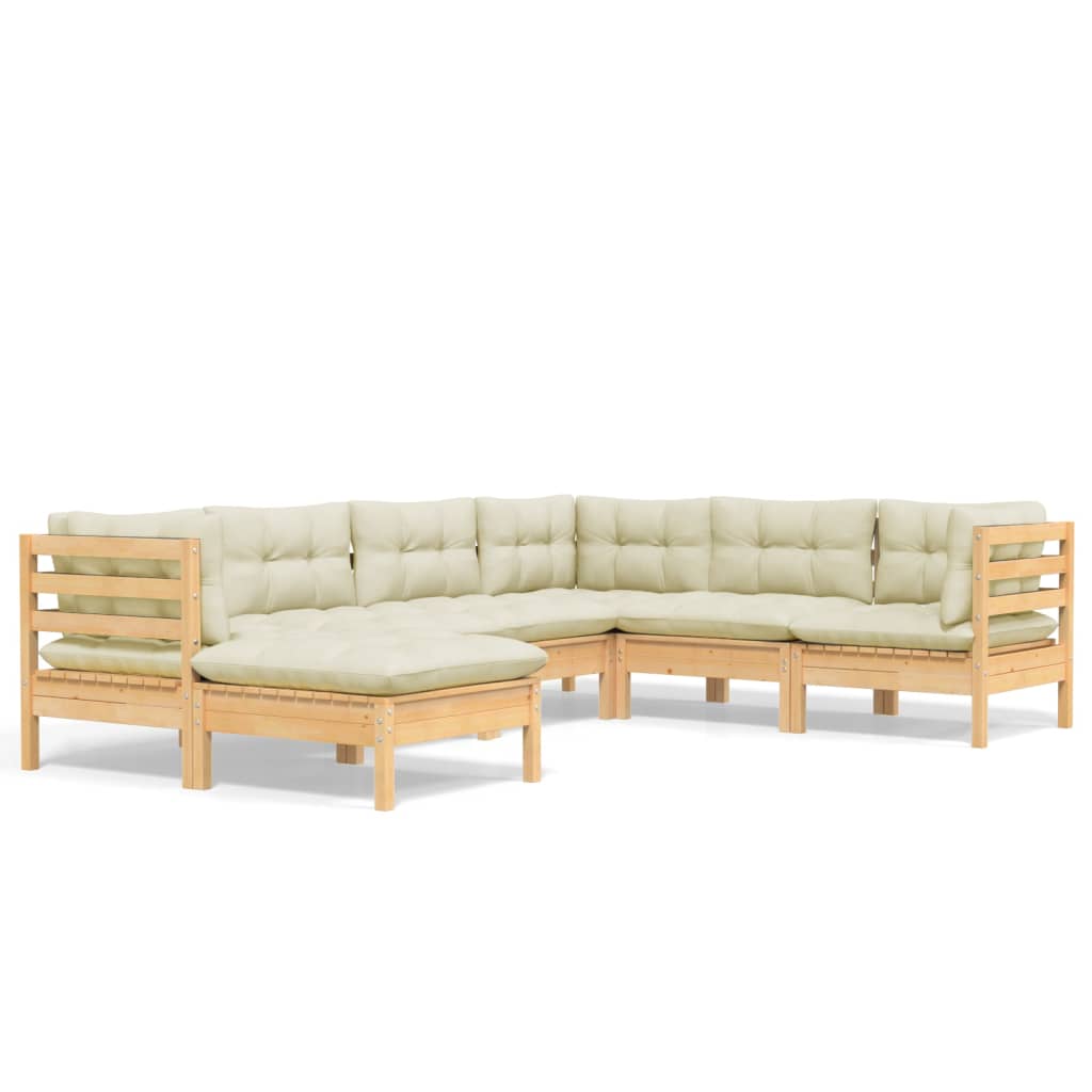 vidaXL 7 Piece Garden Lounge Set with Cream Cushions Solid Pinewood