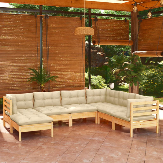 vidaXL 7 Piece Garden Lounge Set with Cream Cushions Solid Pinewood