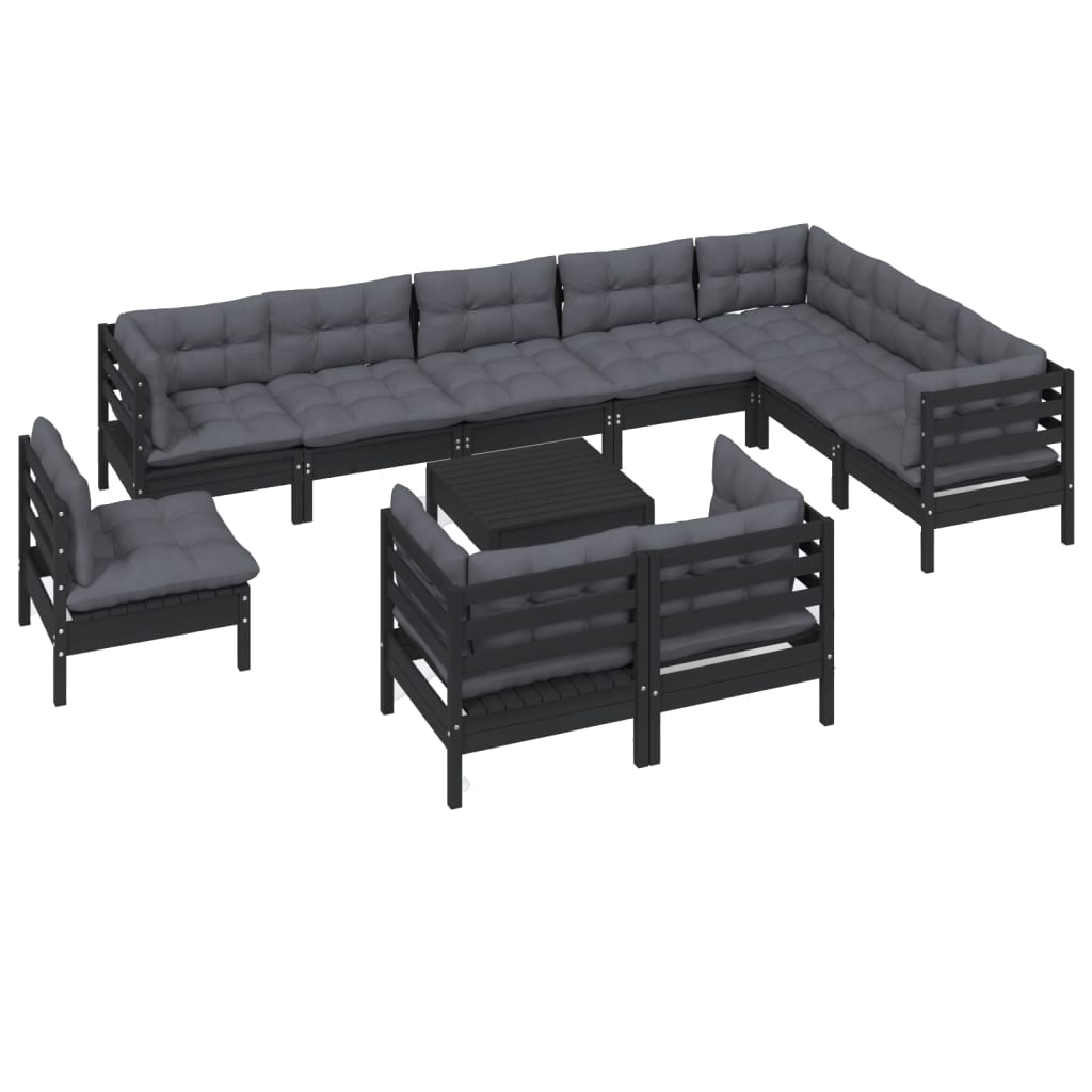 vidaXL 11 Piece Garden Lounge Set with Cushions Black Solid Pinewood