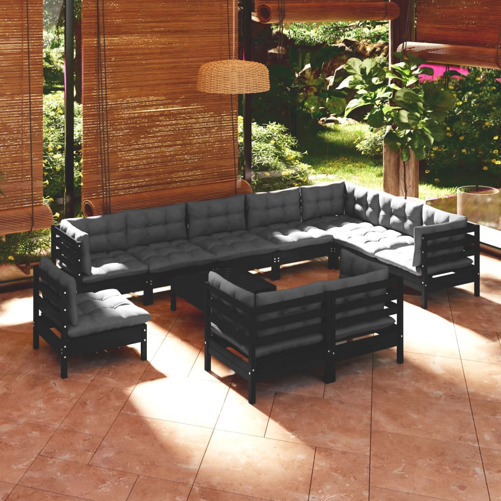 vidaXL 11 Piece Garden Lounge Set with Cushions Black Solid Pinewood