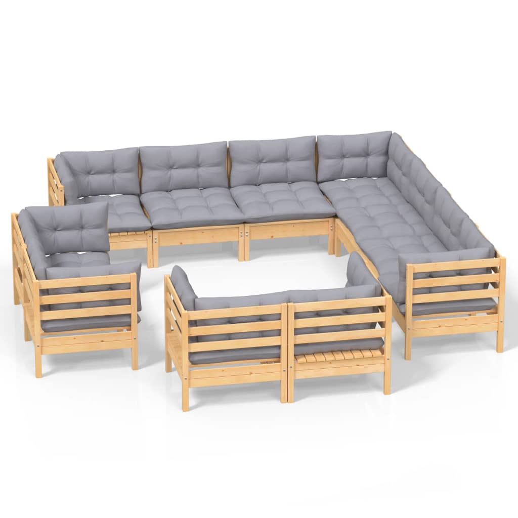vidaXL 11 Piece Garden Lounge Set with Grey Cushions Solid Pinewood