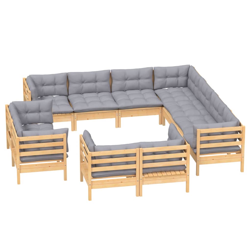 vidaXL 11 Piece Garden Lounge Set with Grey Cushions Solid Pinewood