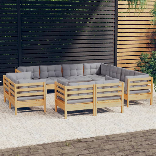 vidaXL 11 Piece Garden Lounge Set with Grey Cushions Solid Pinewood