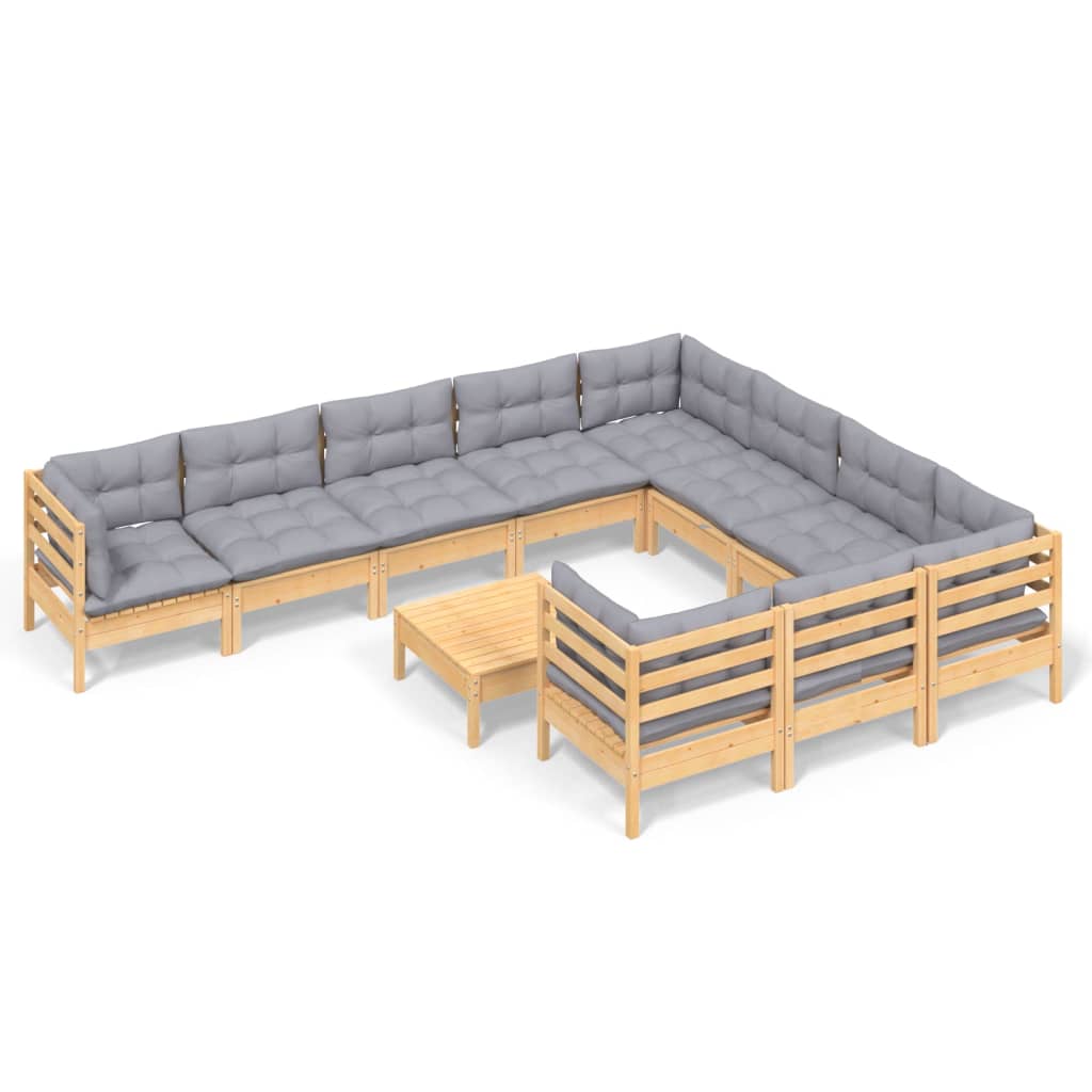 vidaXL 11 Piece Garden Lounge Set with Grey Cushions Pinewood