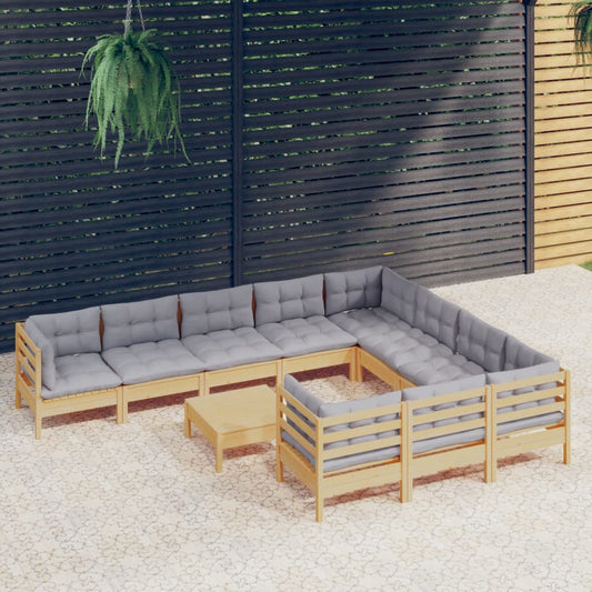 vidaXL 11 Piece Garden Lounge Set with Grey Cushions Pinewood