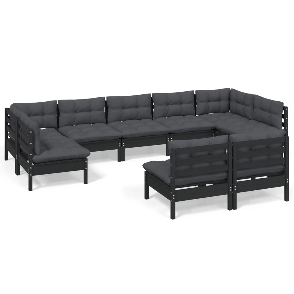vidaXL 9 Piece Garden Lounge Set with Cushions Black Solid Pinewood