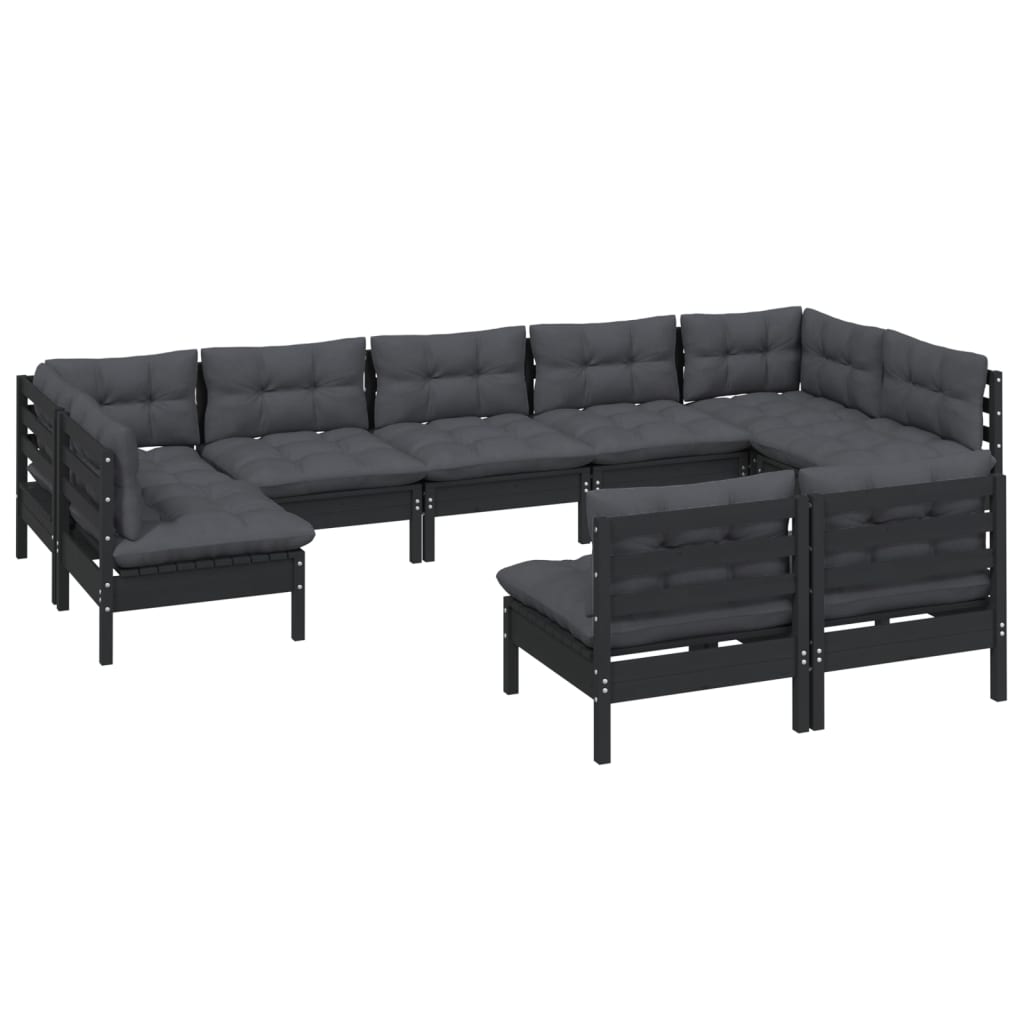 vidaXL 9 Piece Garden Lounge Set with Cushions Black Solid Pinewood