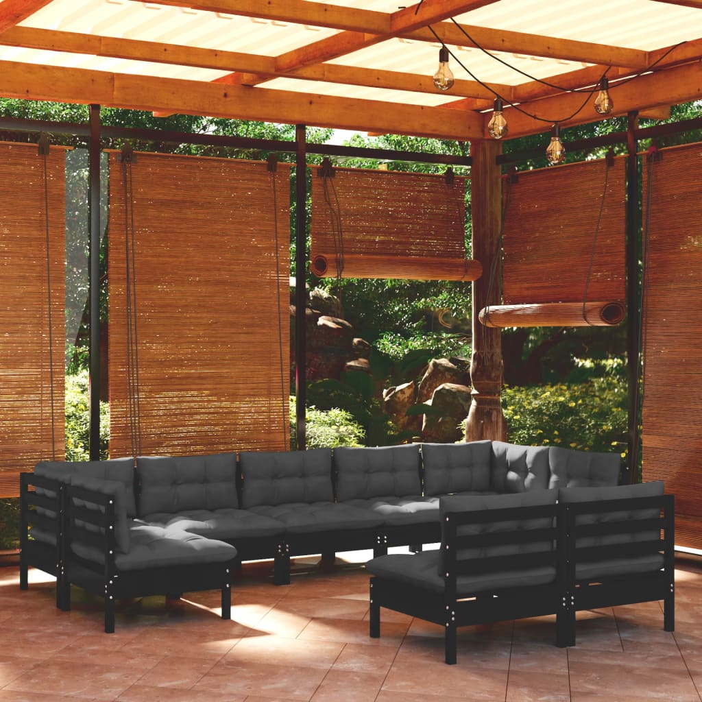 vidaXL 9 Piece Garden Lounge Set with Cushions Black Solid Pinewood