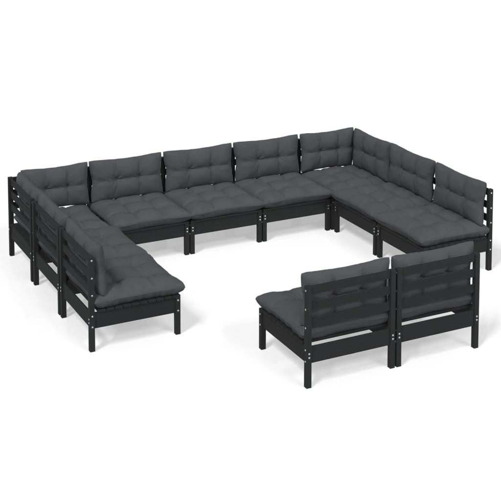 vidaXL 11 Piece Garden Lounge Set with Cushions Black Solid Pinewood