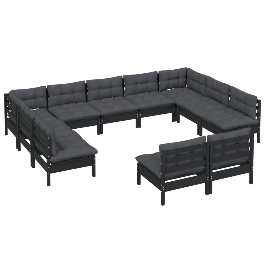vidaXL 11 Piece Garden Lounge Set with Cushions Black Solid Pinewood