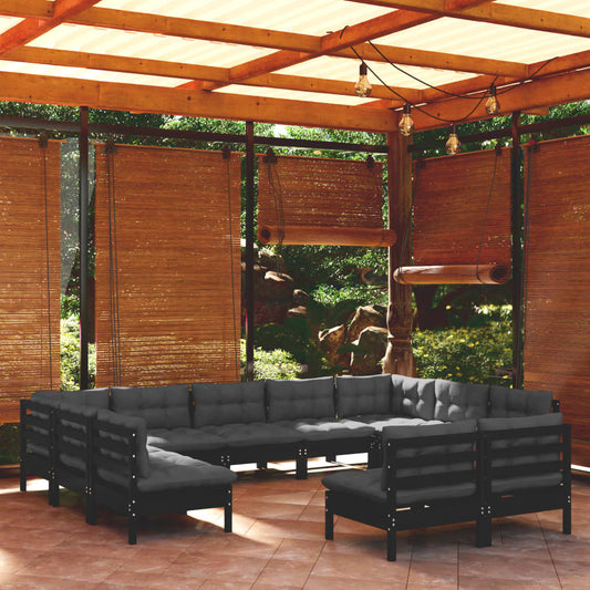 vidaXL 11 Piece Garden Lounge Set with Cushions Black Solid Pinewood