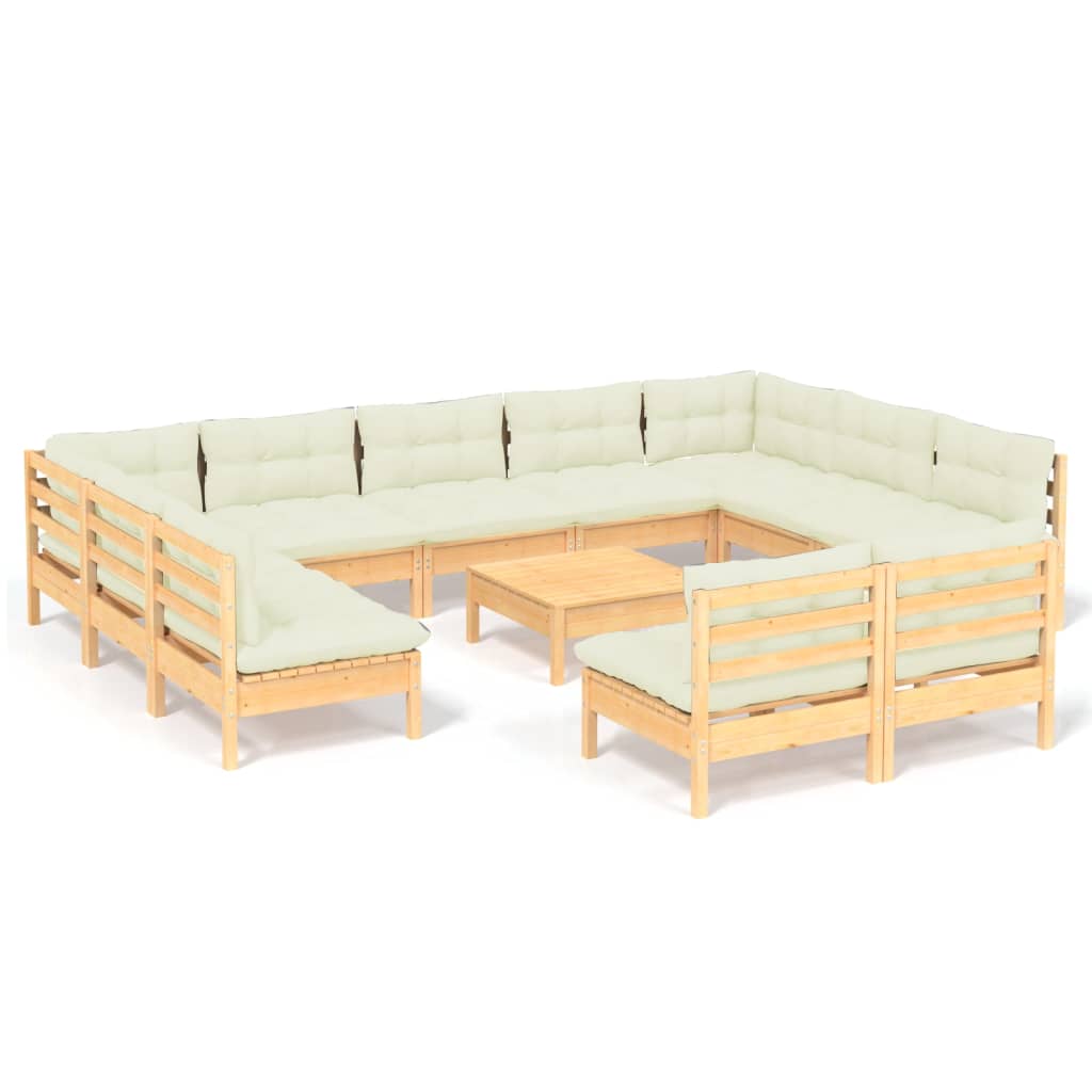 vidaXL 12 Piece Garden Lounge Set with Cream Cushions Solid Pinewood