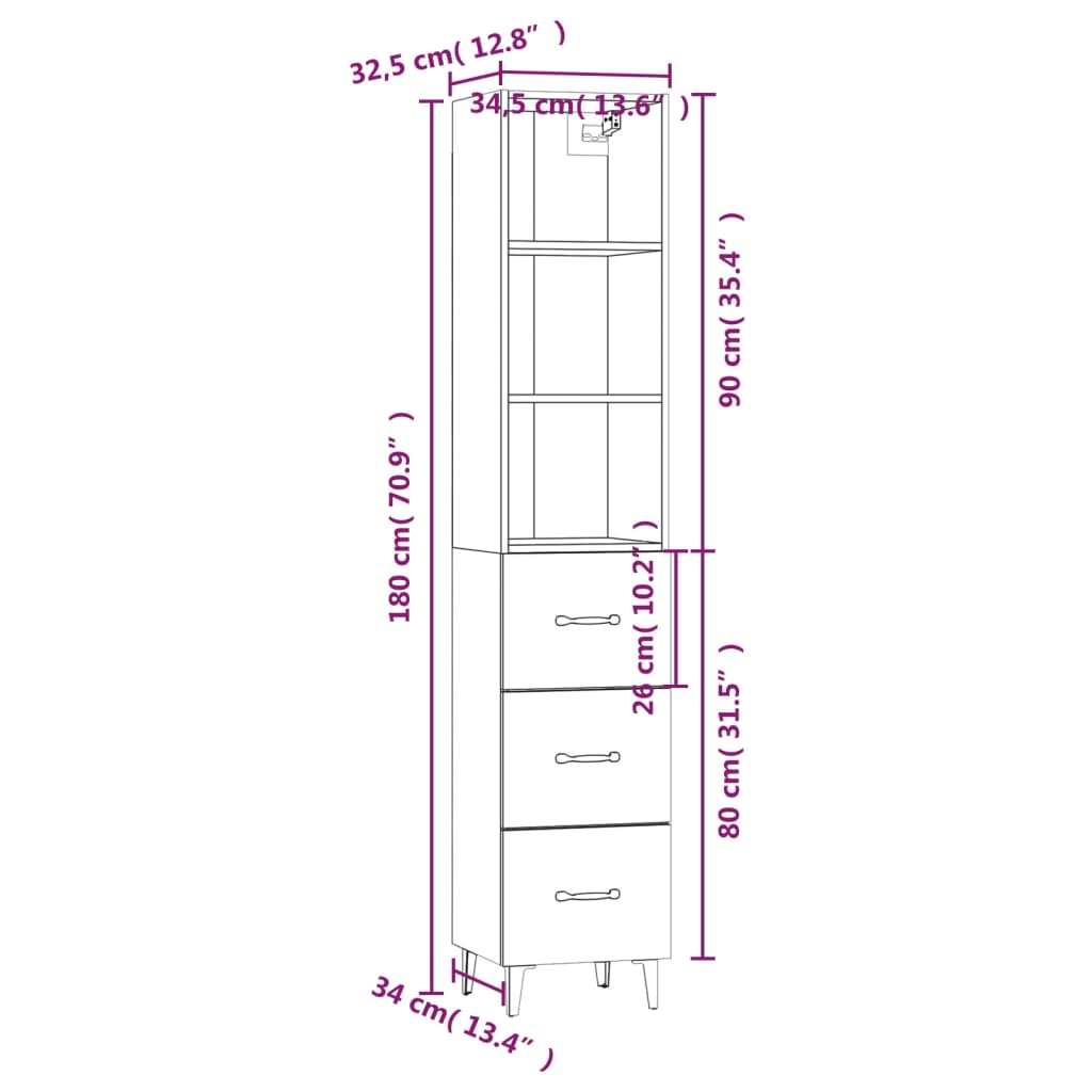 vidaXL Highboard White 34.5x34x180 cm Engineered Wood