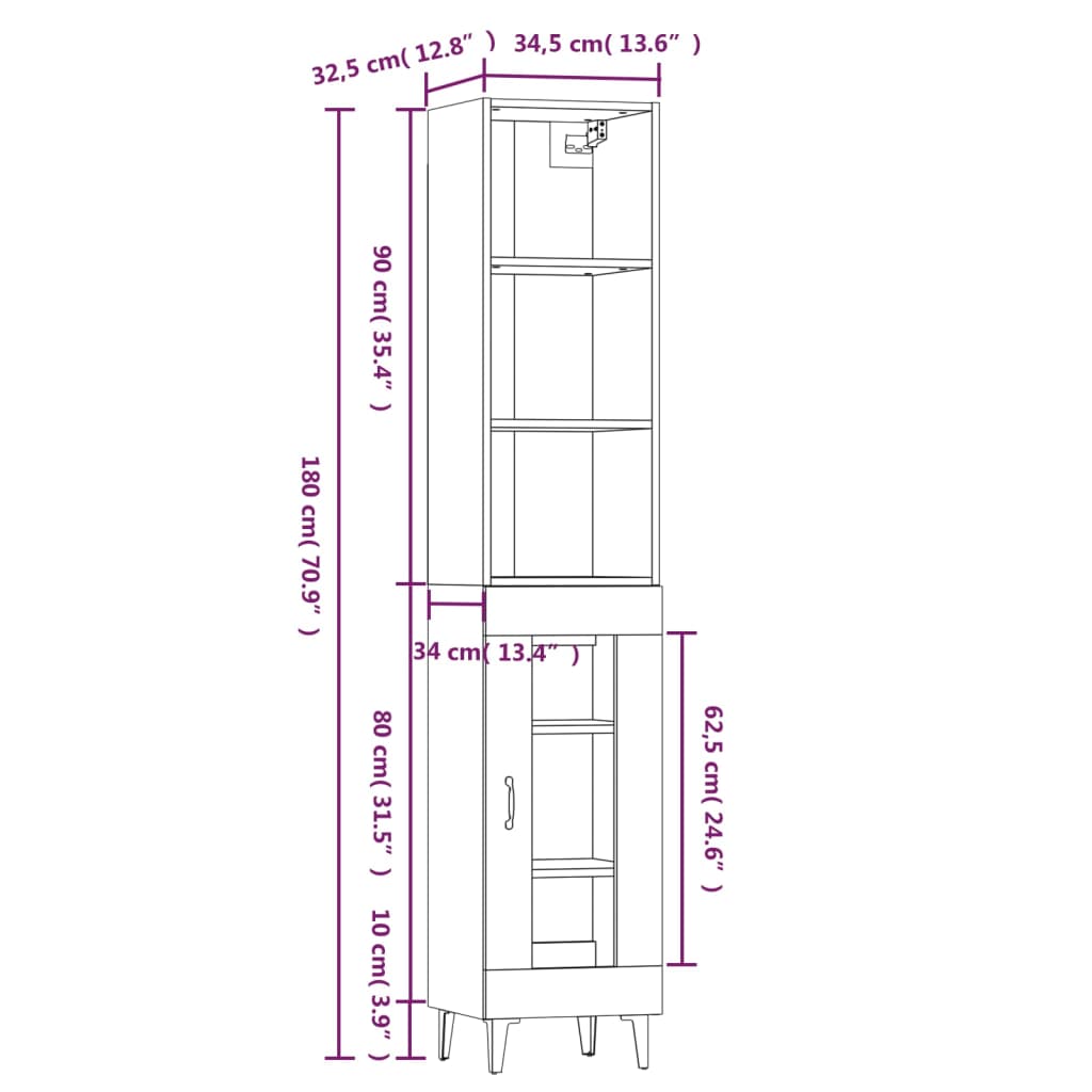 vidaXL Highboard White 34.5x34x180 cm Engineered Wood