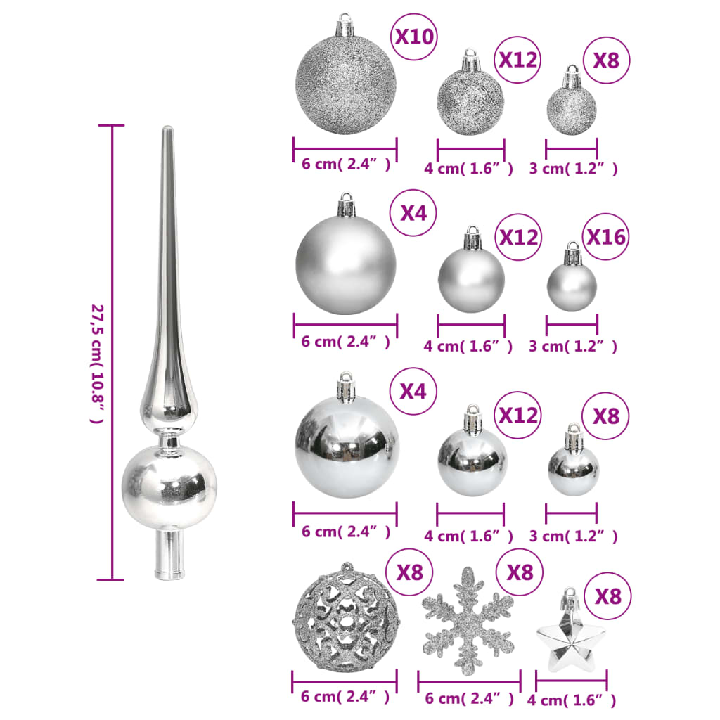 vidaXL 111 Piece Christmas Bauble Set Silver Polystyrene