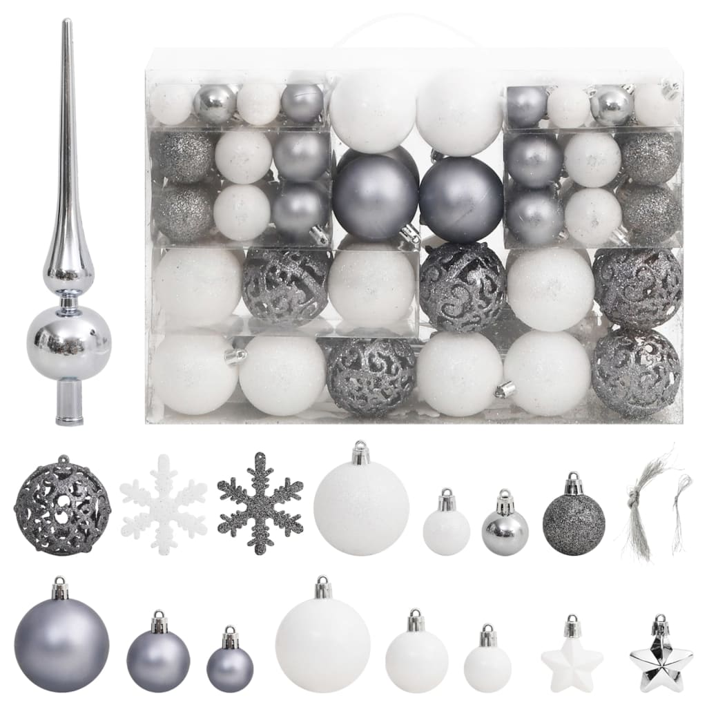 vidaXL 111 Piece Christmas Bauble Set White and Grey Polystyrene