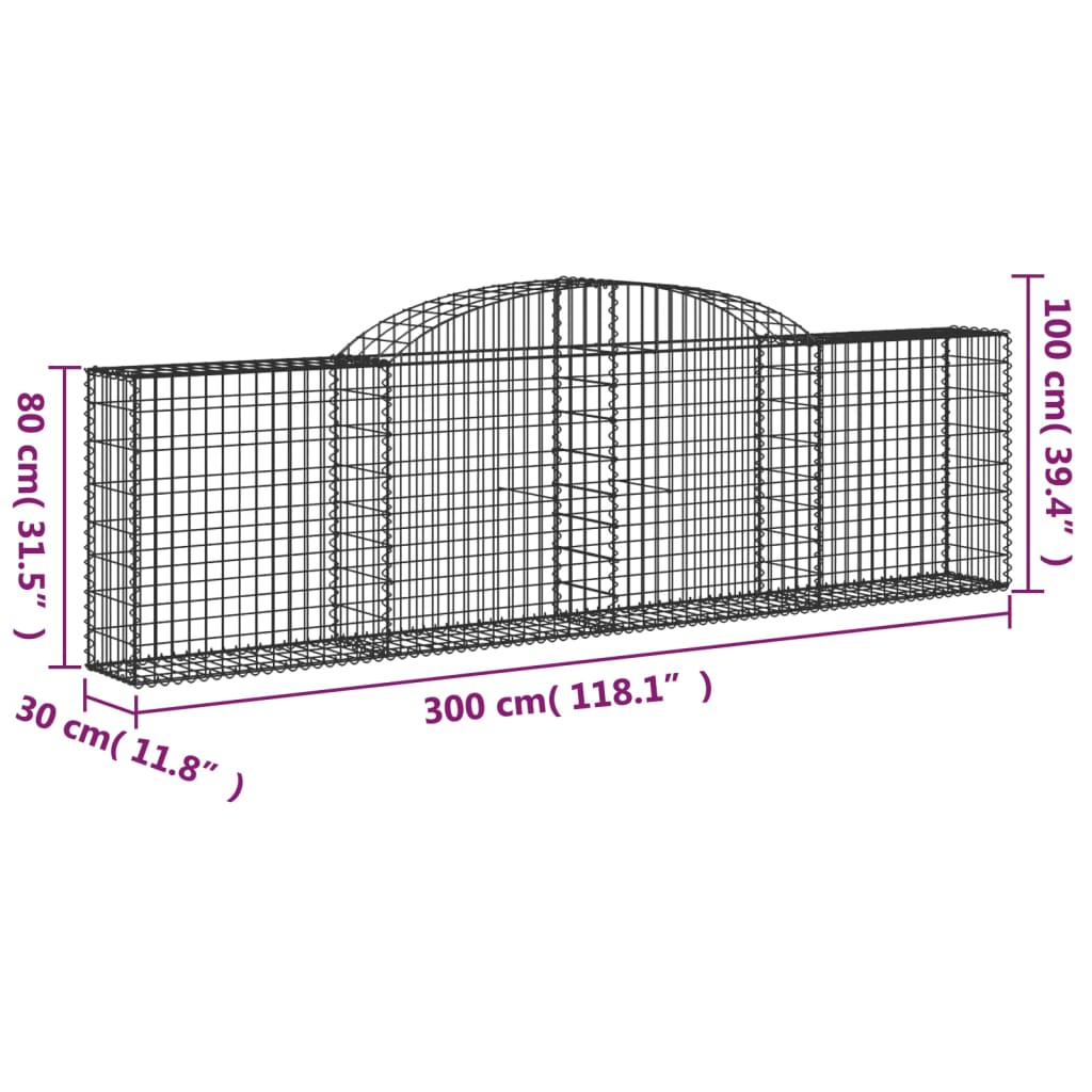 vidaXL Arched Gabion Baskets 15 pcs 300x30x80/100 cm Galvanised Iron
