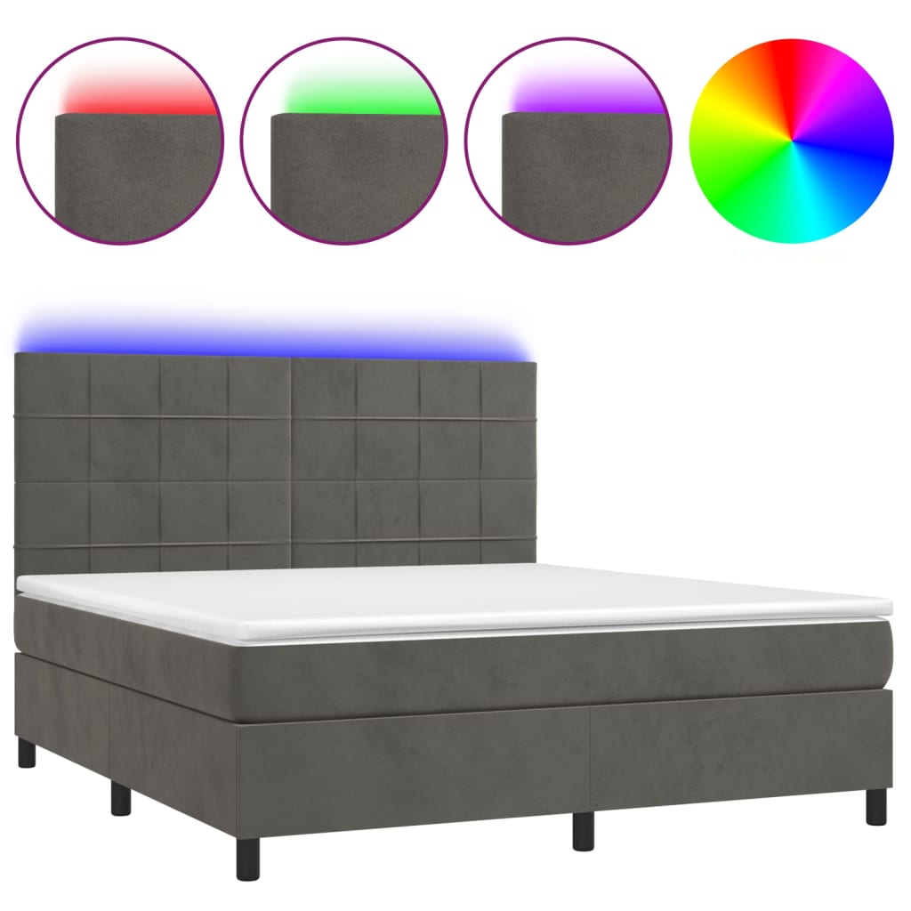 vidaXL Box Spring Bed with Mattress&LED Dark Grey 153x203 cm Queen Size Velvet