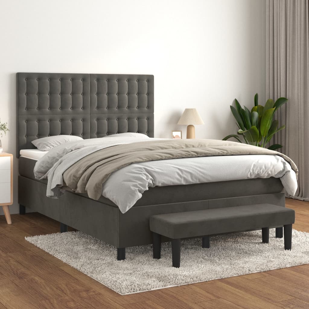 vidaXL Box Spring Bed with Mattress Dark Grey 137x187 cm Double Size Velvet