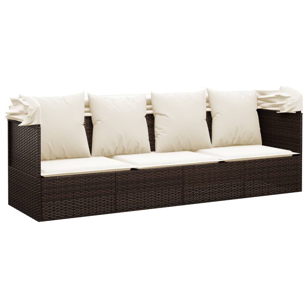 vidaXL Outdoor Lounge Bed with Roof and Cushions Brown Poly Rattan