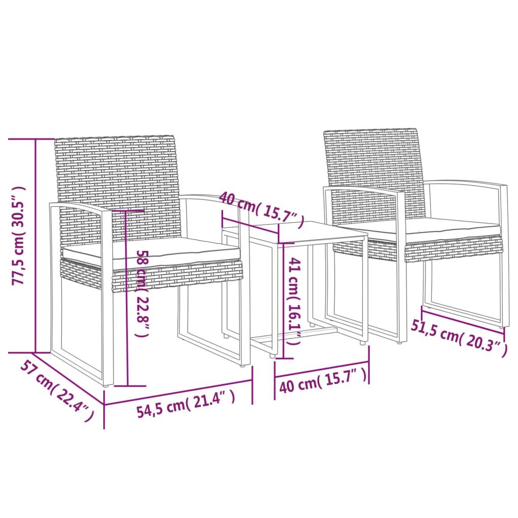 vidaXL 3 piece Garden Dining Set with Cushions Dark Grey PP Rattan
