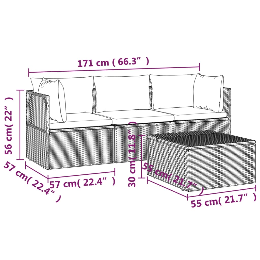 vidaXL 4 Piece Garden Lounge Set with Cushions Grey Poly Rattan