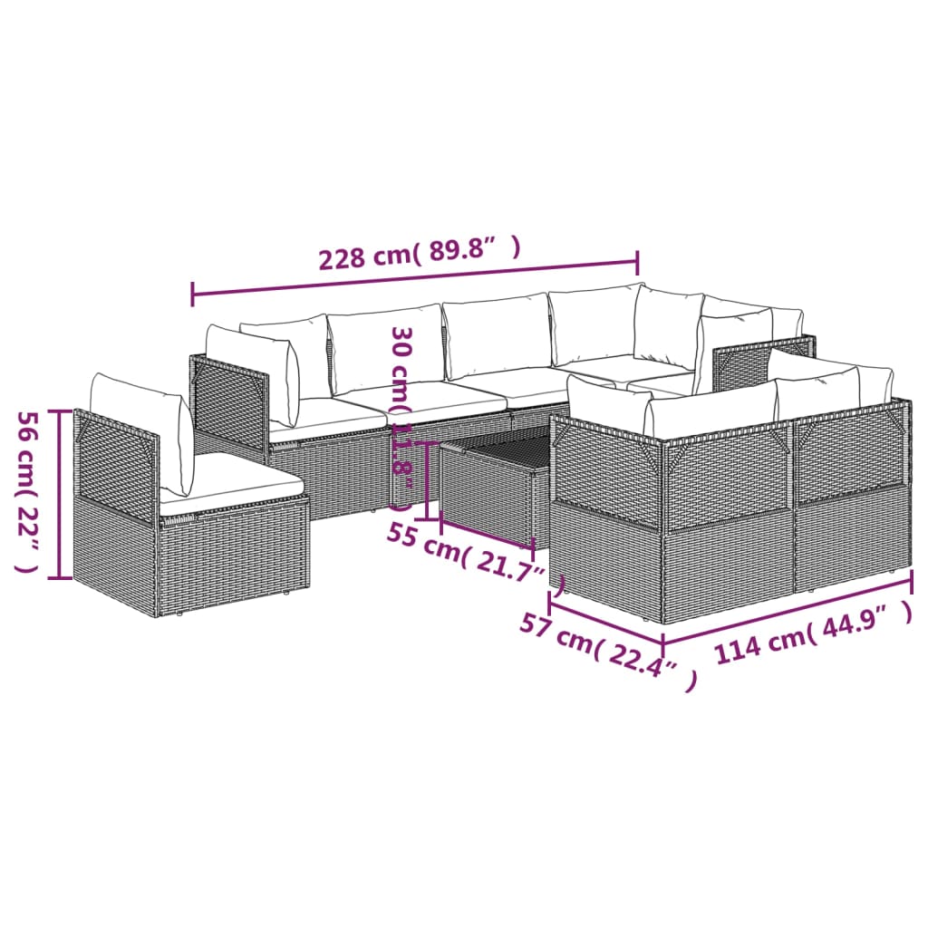 vidaXL 9 Piece Garden Lounge Set with Cushions Grey Poly Rattan