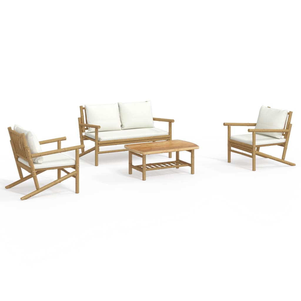 vidaXL 4 Piece Garden Lounge Set with Cream White Cushions Bamboo