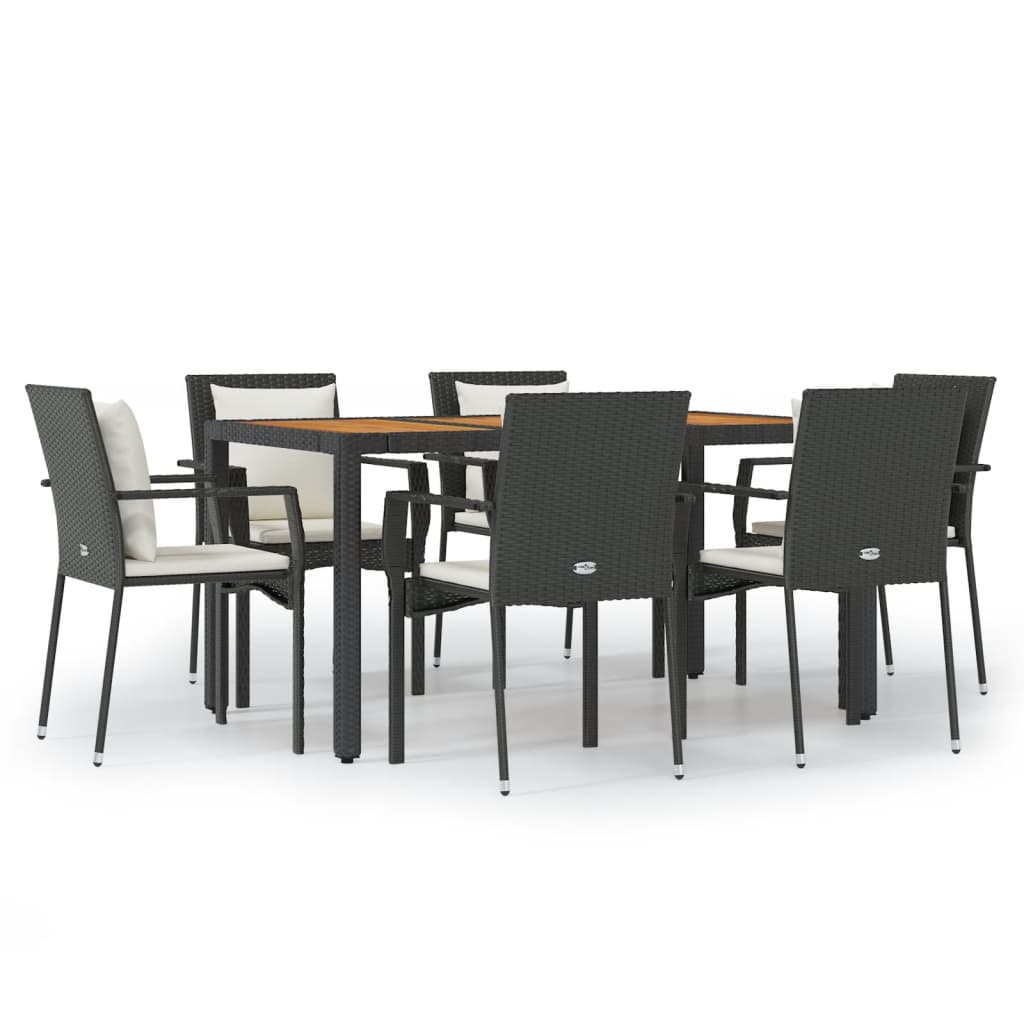 vidaXL 7 Piece Garden Dining Set with Cushions Black Poly Rattan