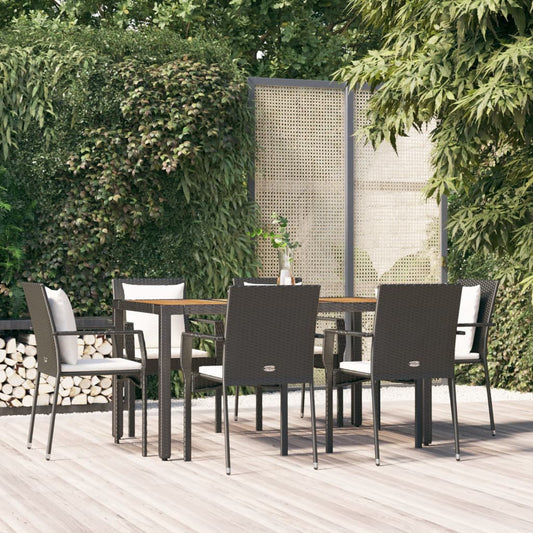 vidaXL 7 Piece Garden Dining Set with Cushions Black Poly Rattan